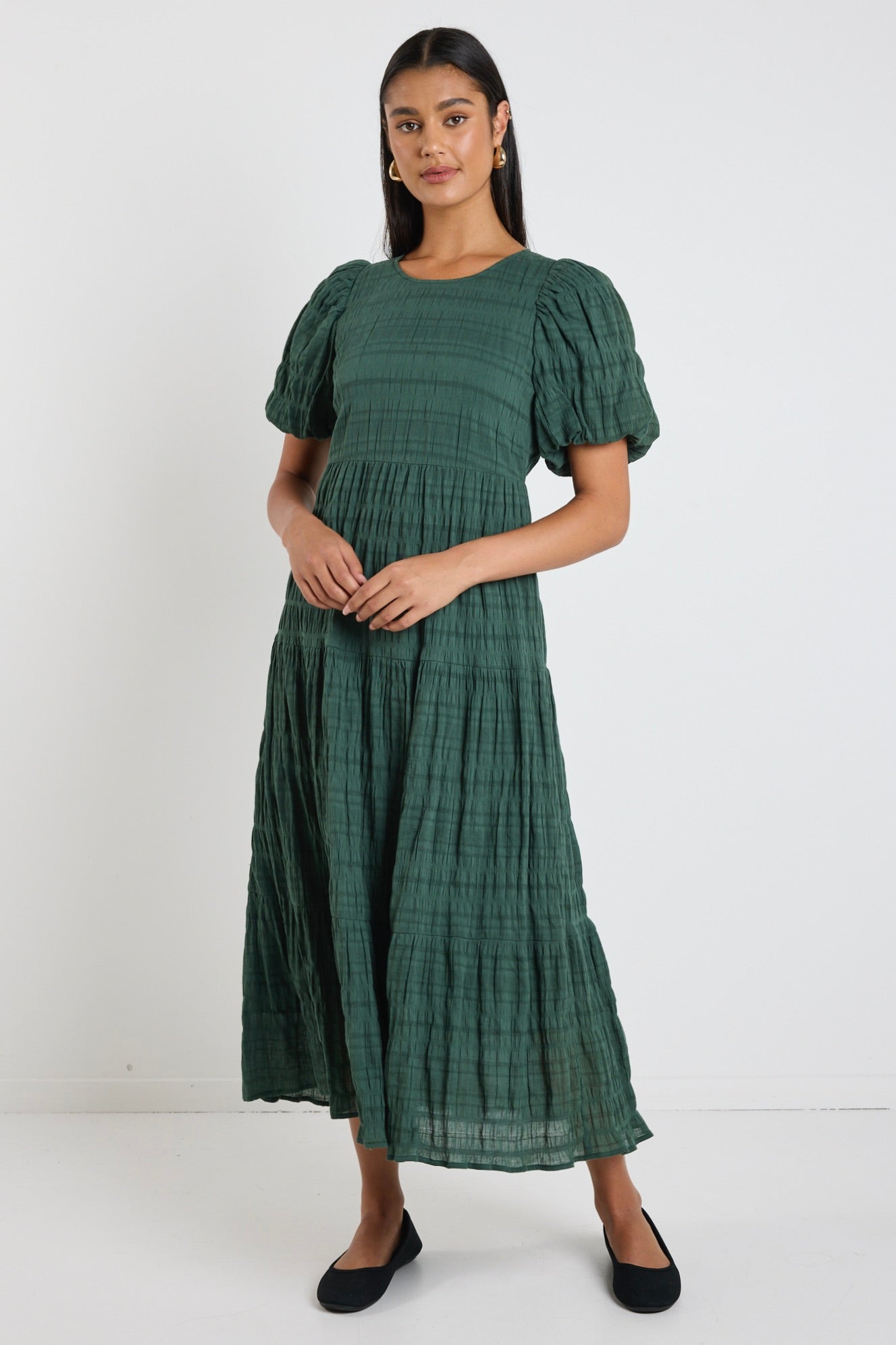 Graceful Forest Bubble Short Sleeve Tiered Maxi Dress