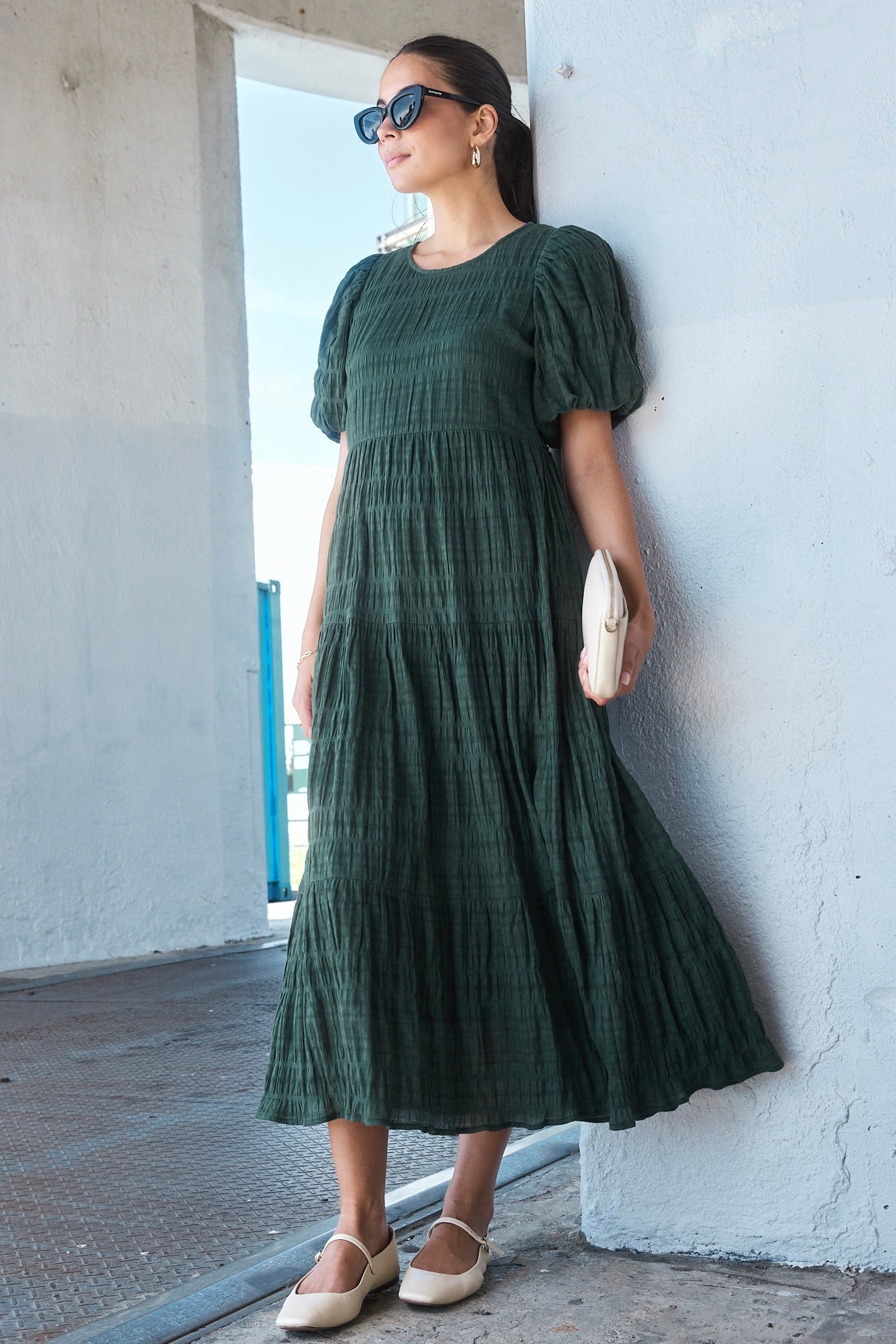Graceful Forest Bubble Short Sleeve Tiered Maxi Dress