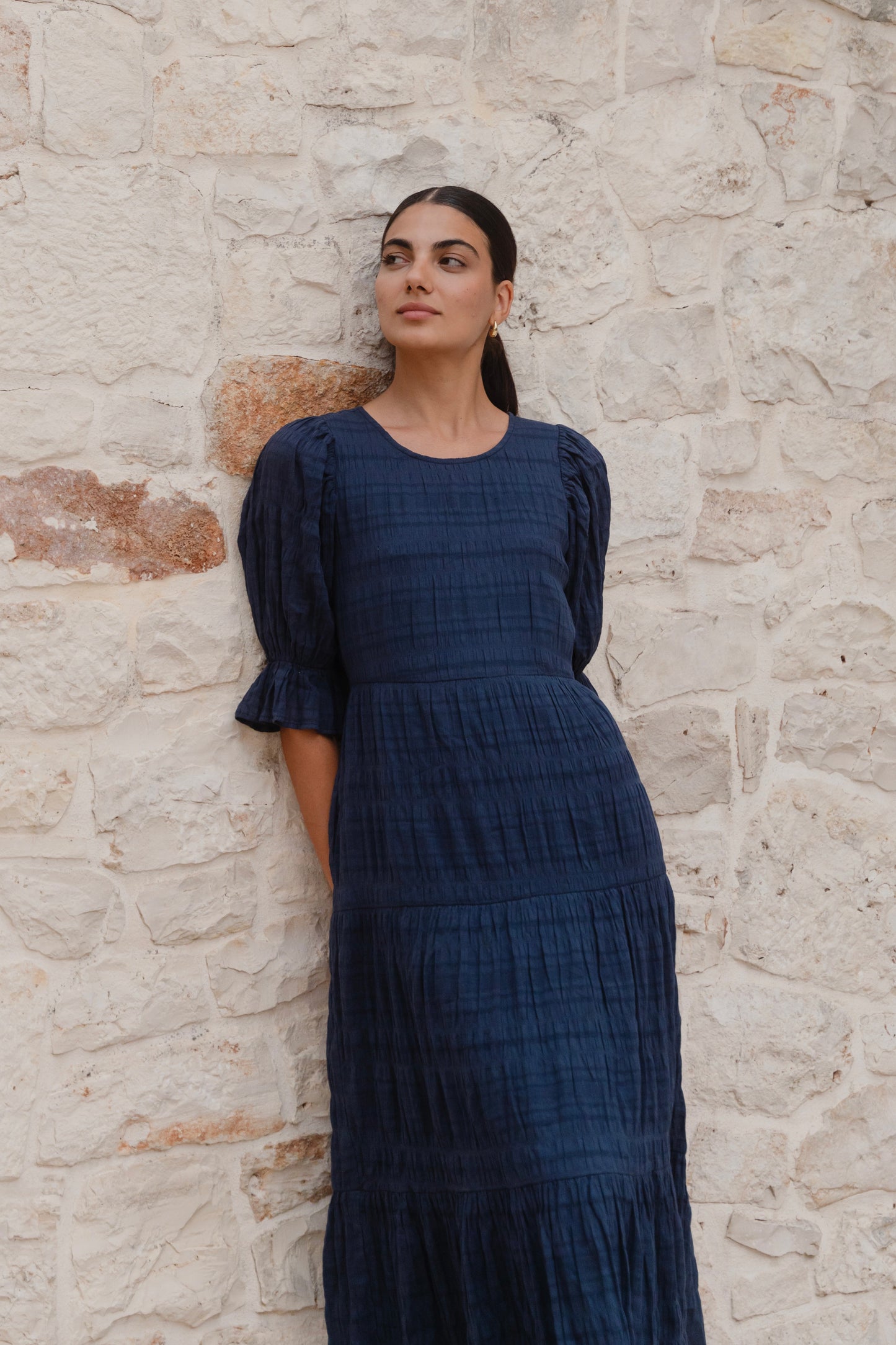 Gratitude Navy Bubble SS Tiered Maxi Dress