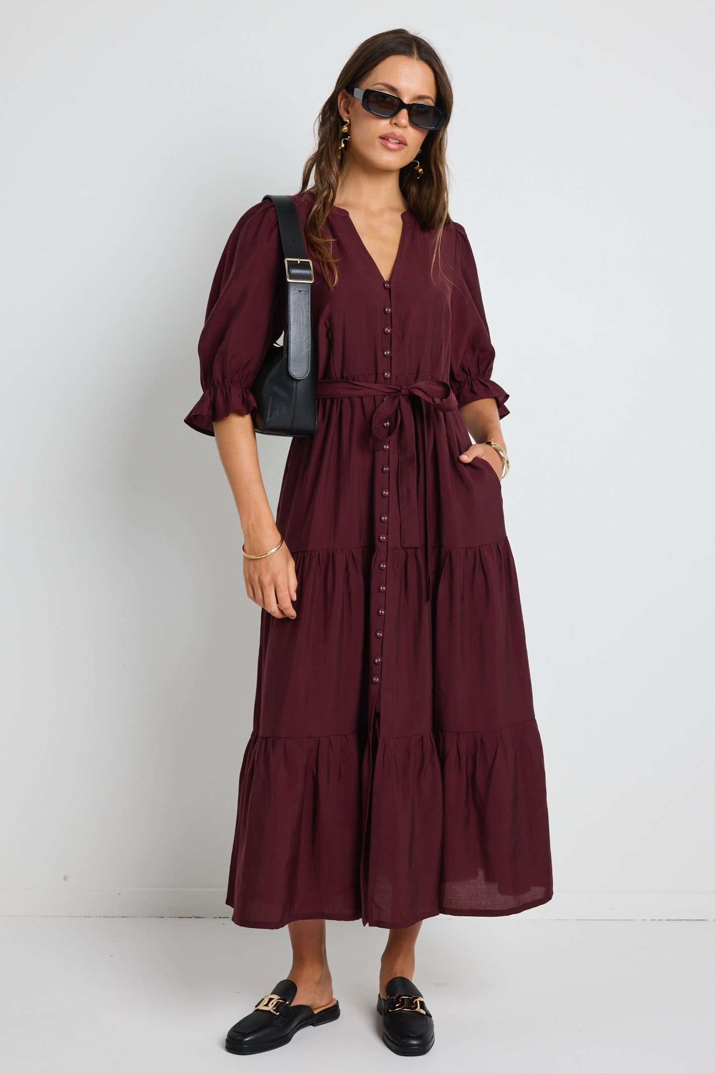 Irresistible Burgundy Plum SS Button Front Tiered Maxi Dress
