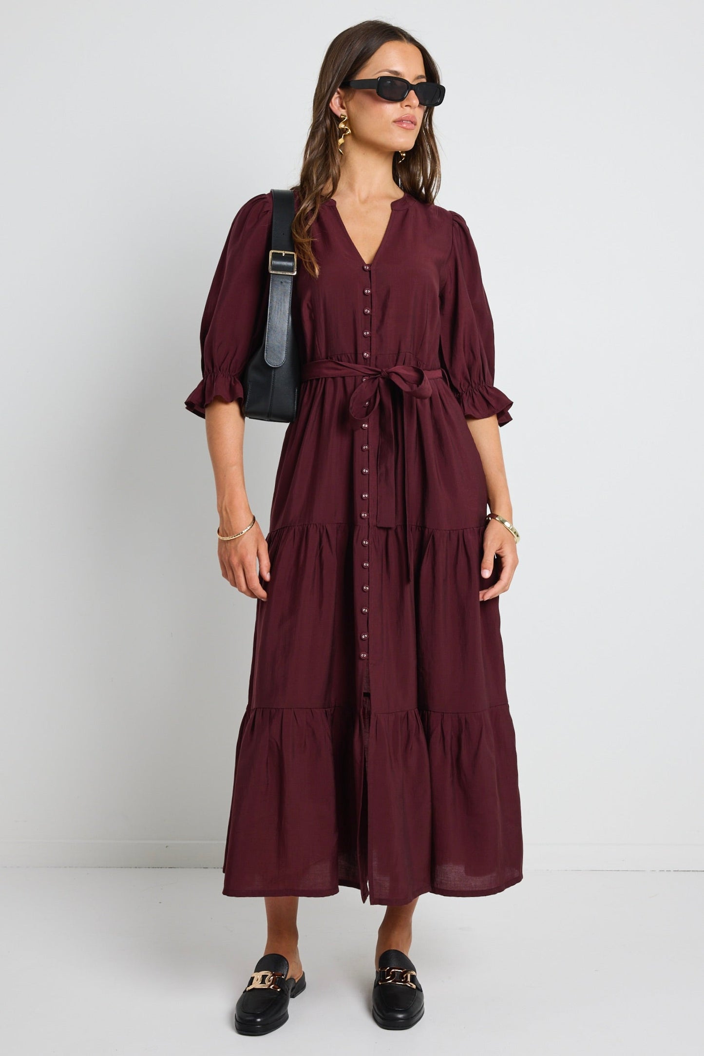 Irresistible Burgundy Plum SS Button Front Tiered Maxi Dress