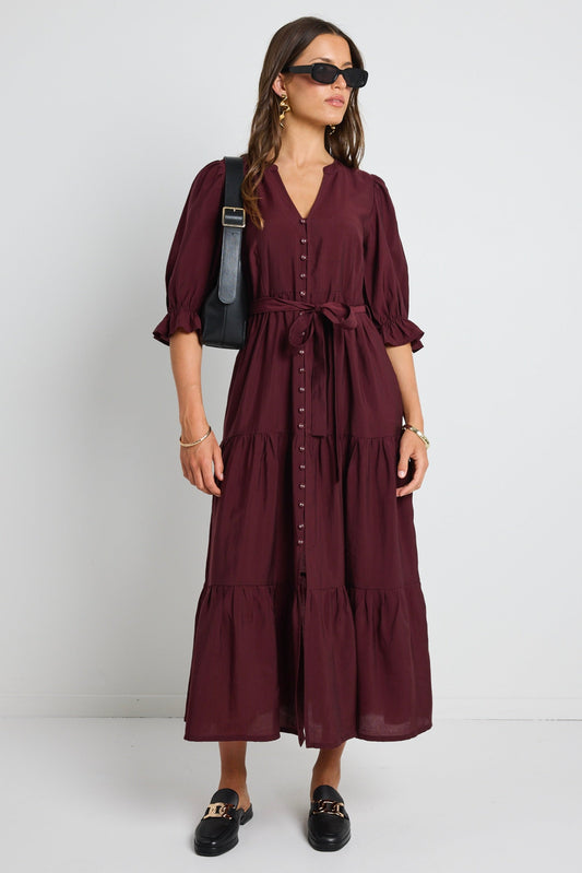 Irresistible Burgundy Plum SS Button Front Tiered Maxi Dress