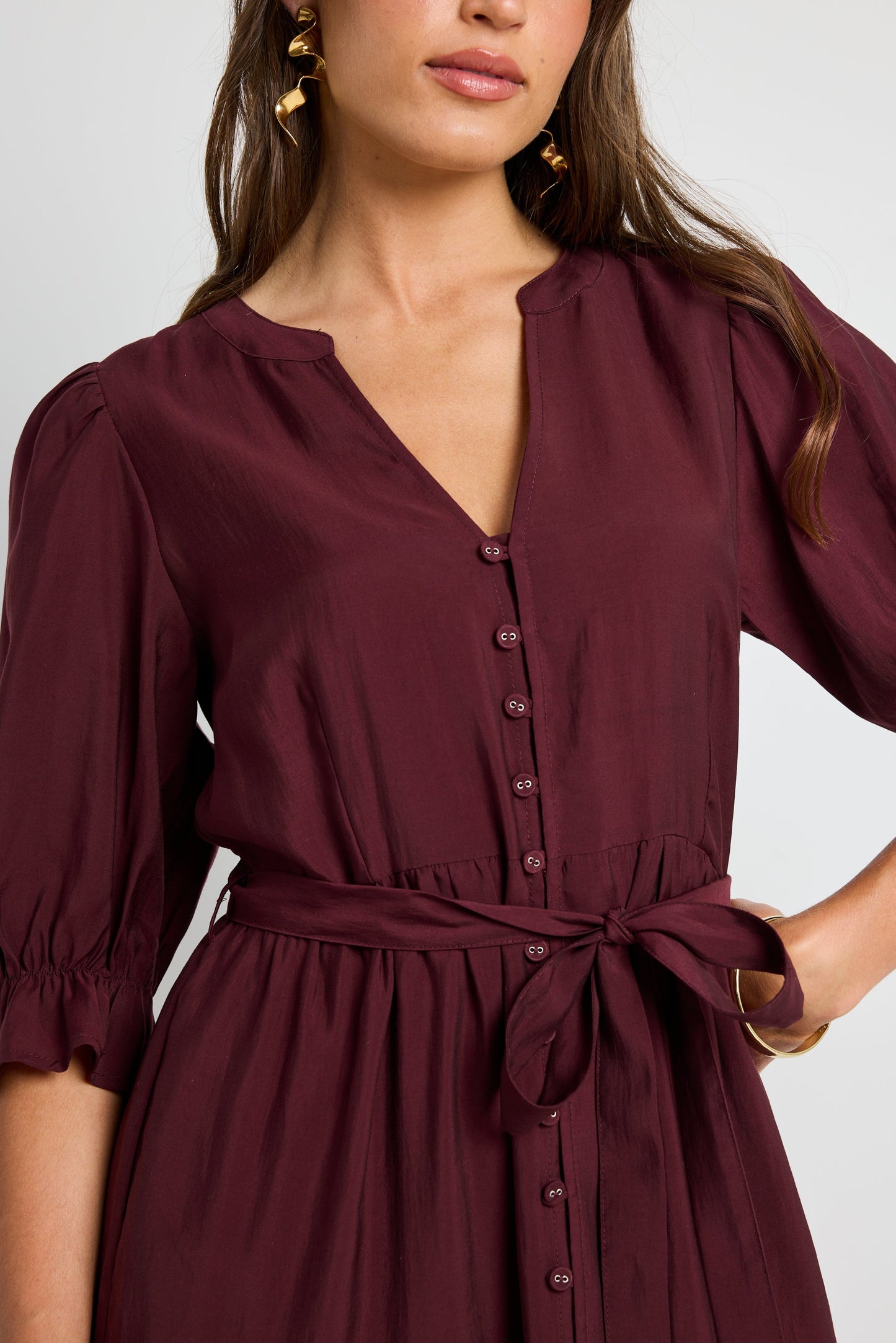 Irresistible Burgundy Plum SS Button Front Tiered Maxi Dress