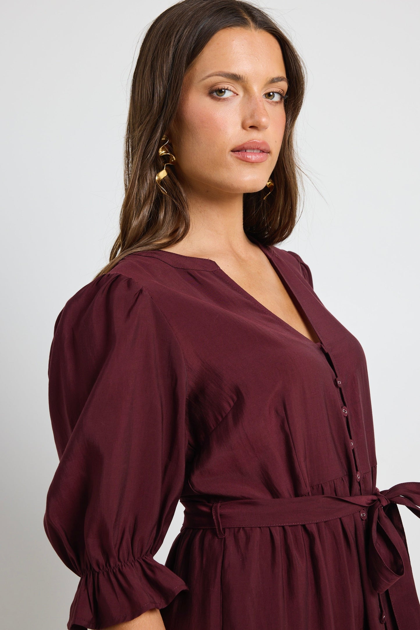 Irresistible Burgundy Plum SS Button Front Tiered Maxi Dress