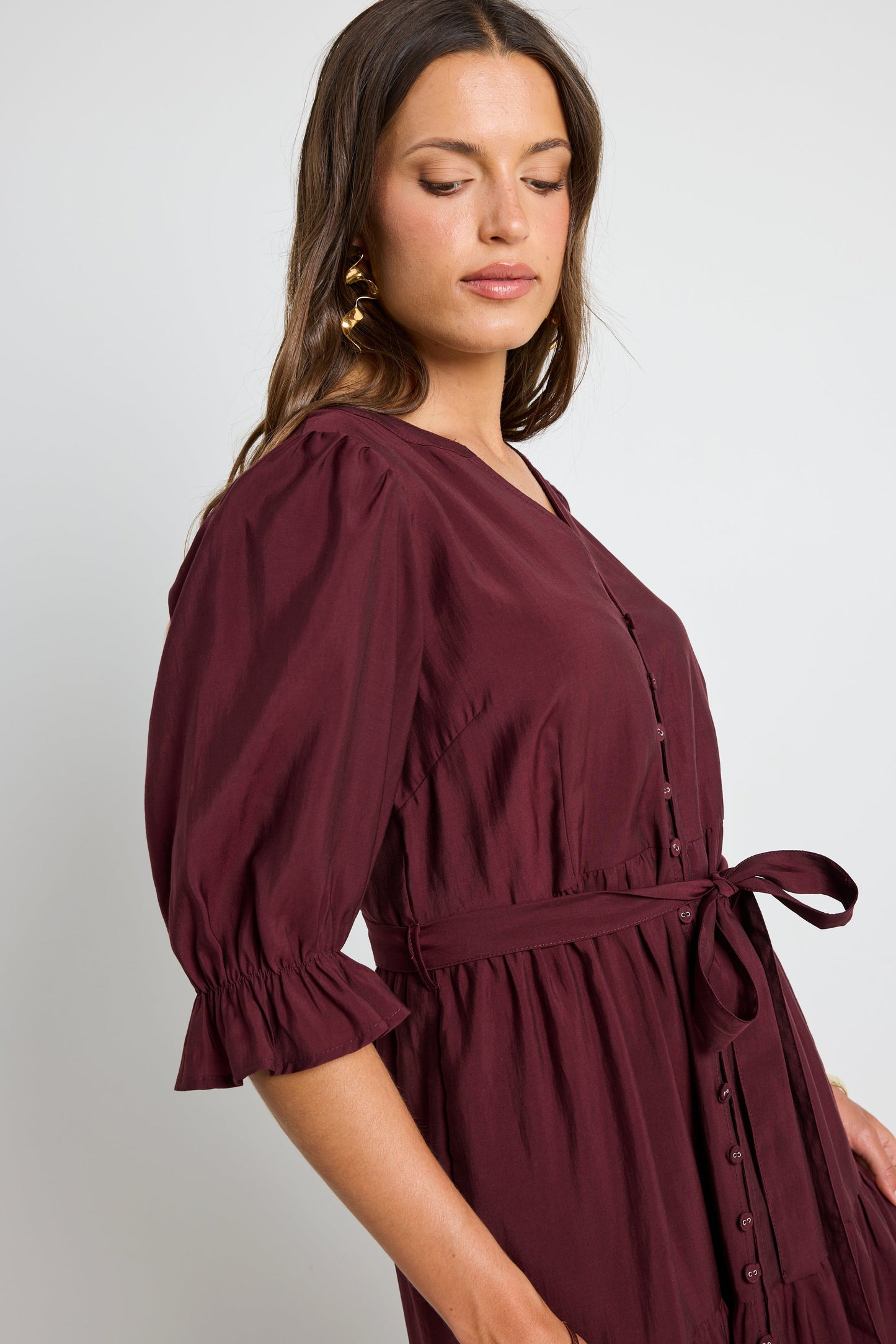 Irresistible Burgundy Plum SS Button Front Tiered Maxi Dress