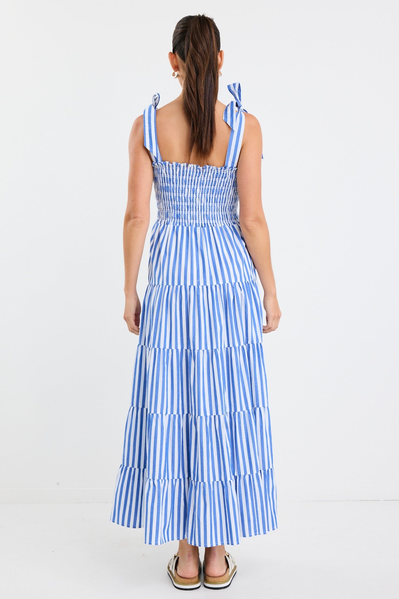 Isabella Blue White Stripe Strappy Tiered Maxi Dress