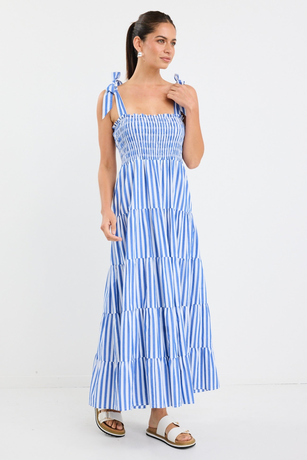 Isabella Blue White Stripe Strappy Tiered Maxi Dress