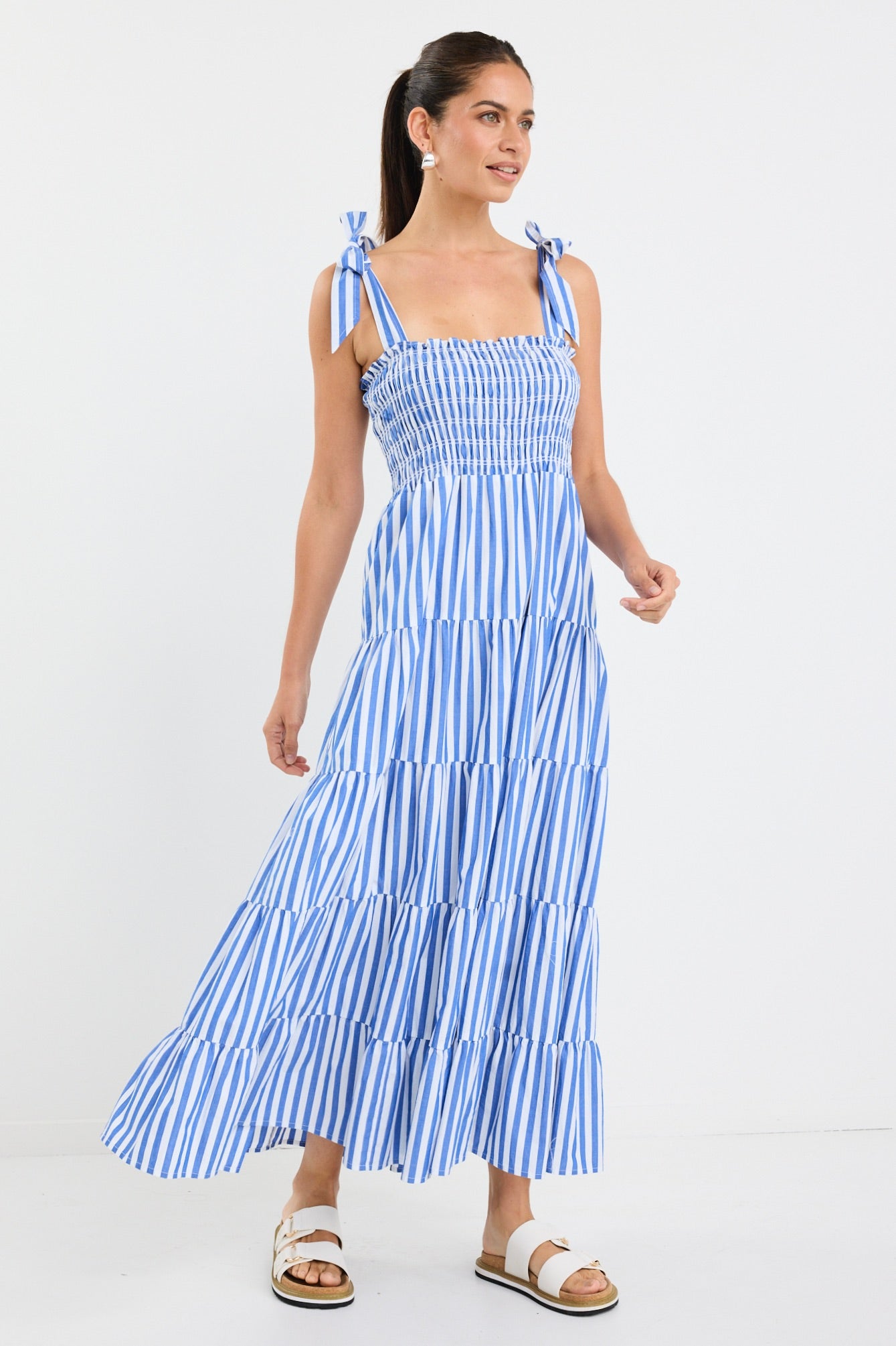 Isabella Blue White Stripe Strappy Tiered Maxi Dress