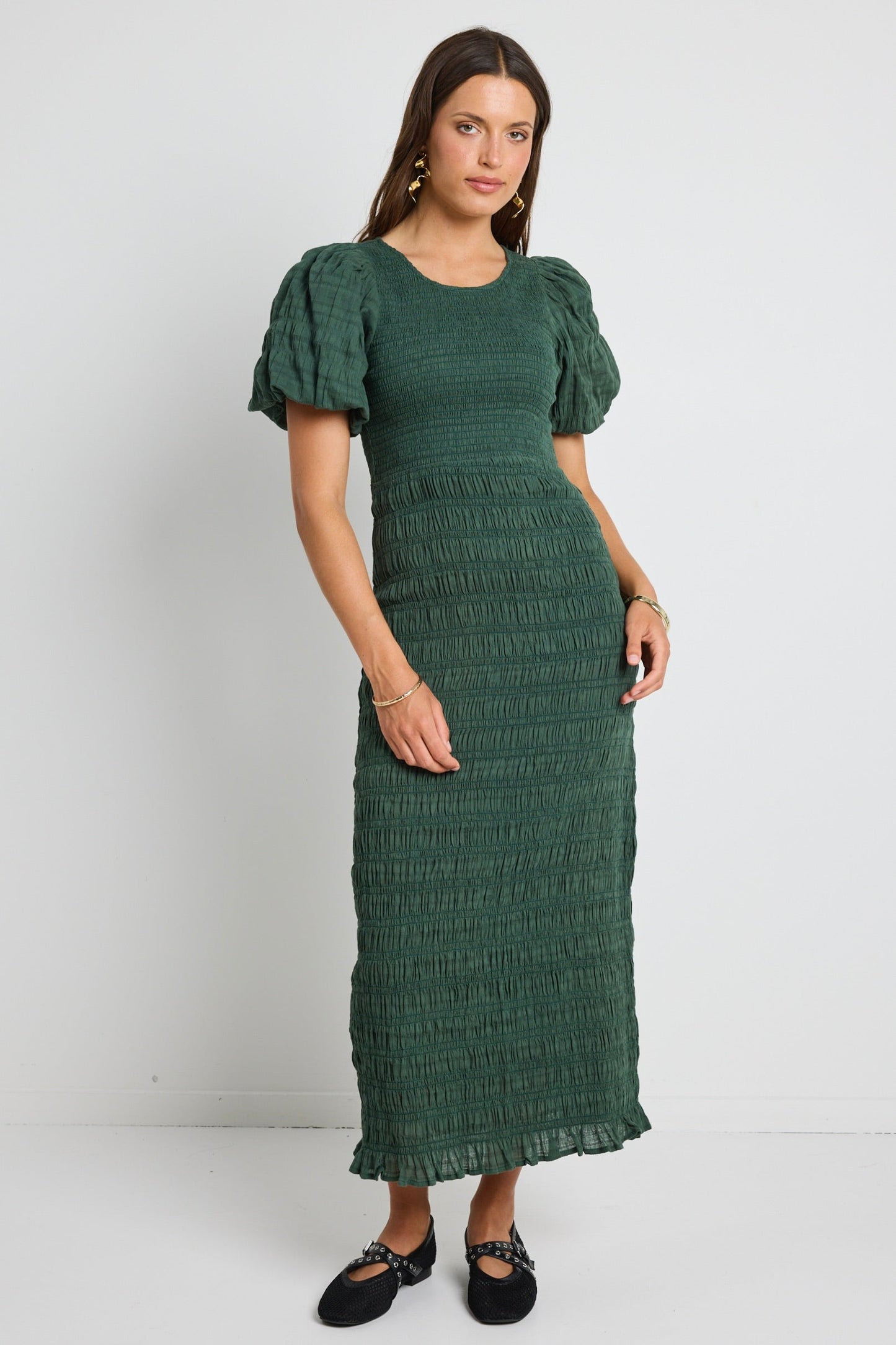 Jade Forest Shirred Cotton Puff Short Sleeve Ruched Maxi Dress