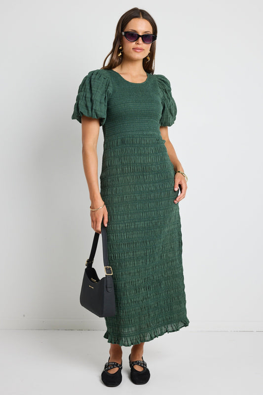 Jade Forest Shirred Cotton Puff Short Sleeve Ruched Maxi Dress
