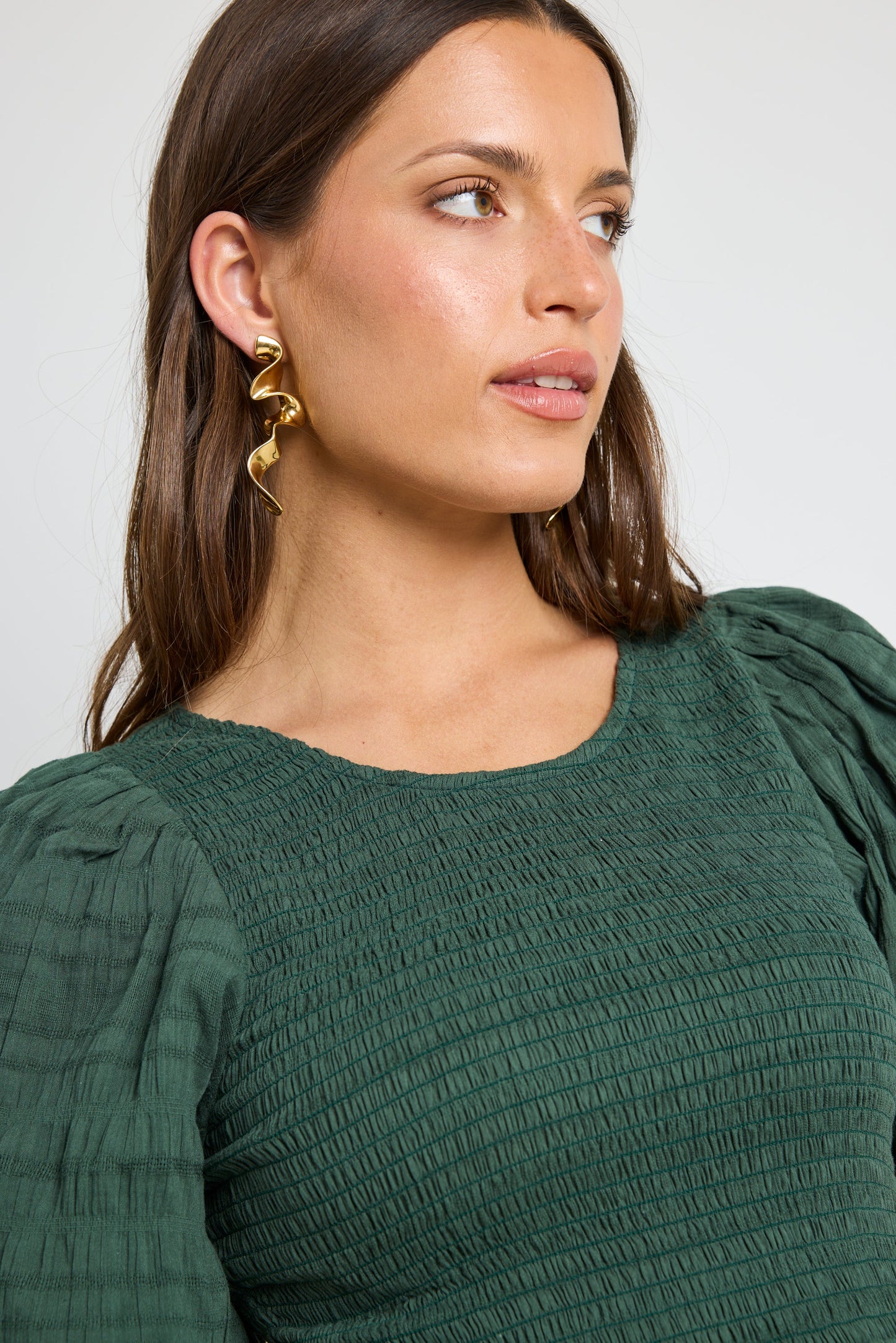 Jade Forest Shirred Cotton Puff Short Sleeve Ruched Maxi Dress