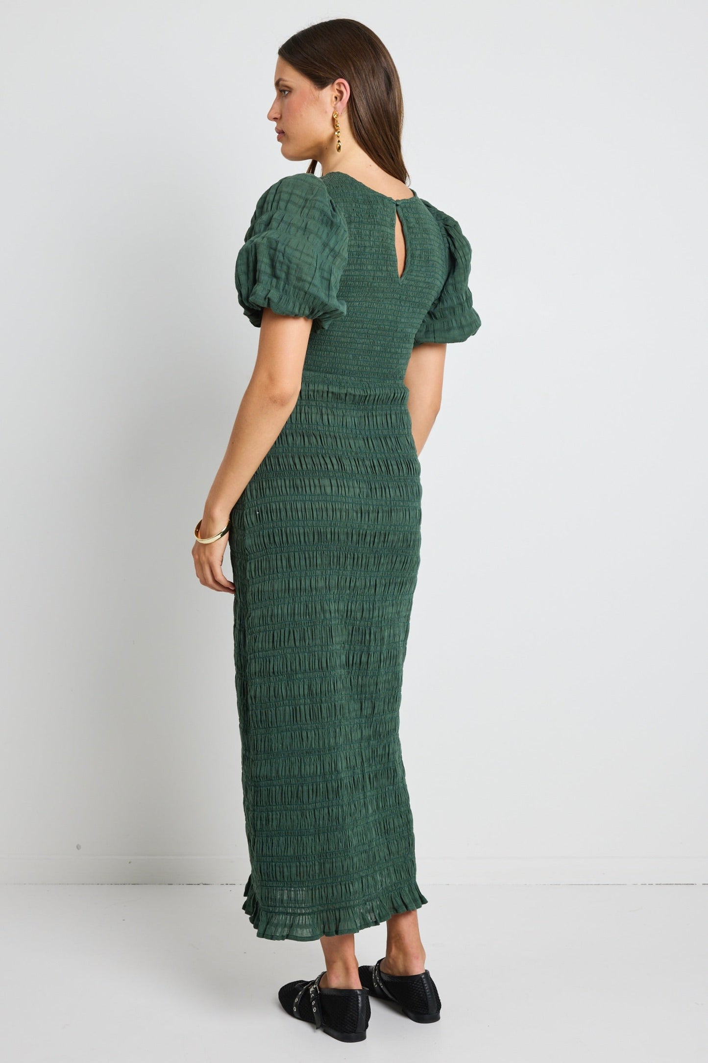 Jade Forest Shirred Cotton Puff Short Sleeve Ruched Maxi Dress