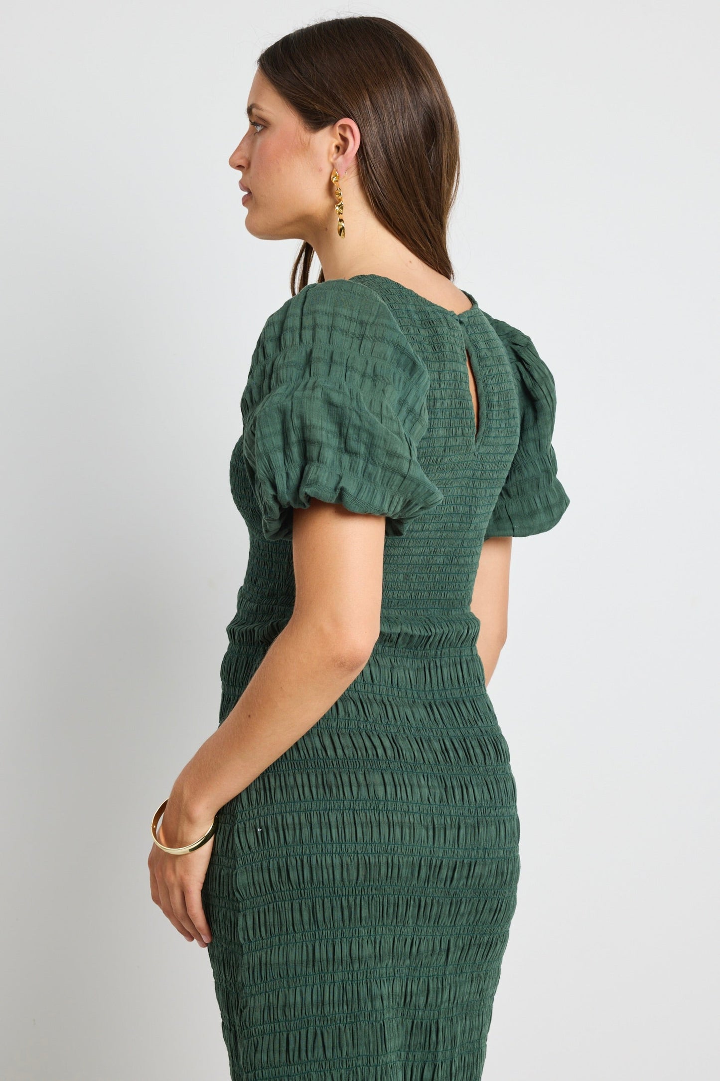 Jade Forest Shirred Cotton Puff Short Sleeve Ruched Maxi Dress