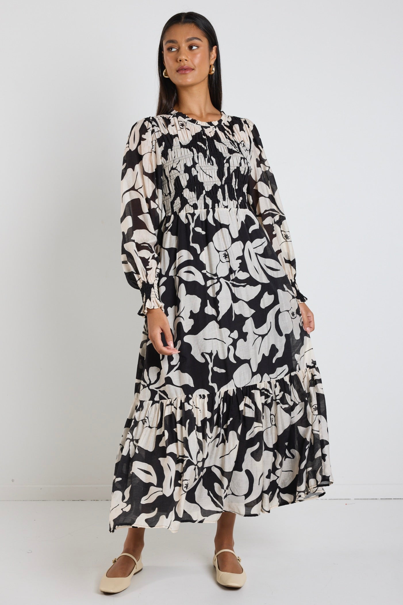 Limitless Black Floral LS Shirred Maxi Dress