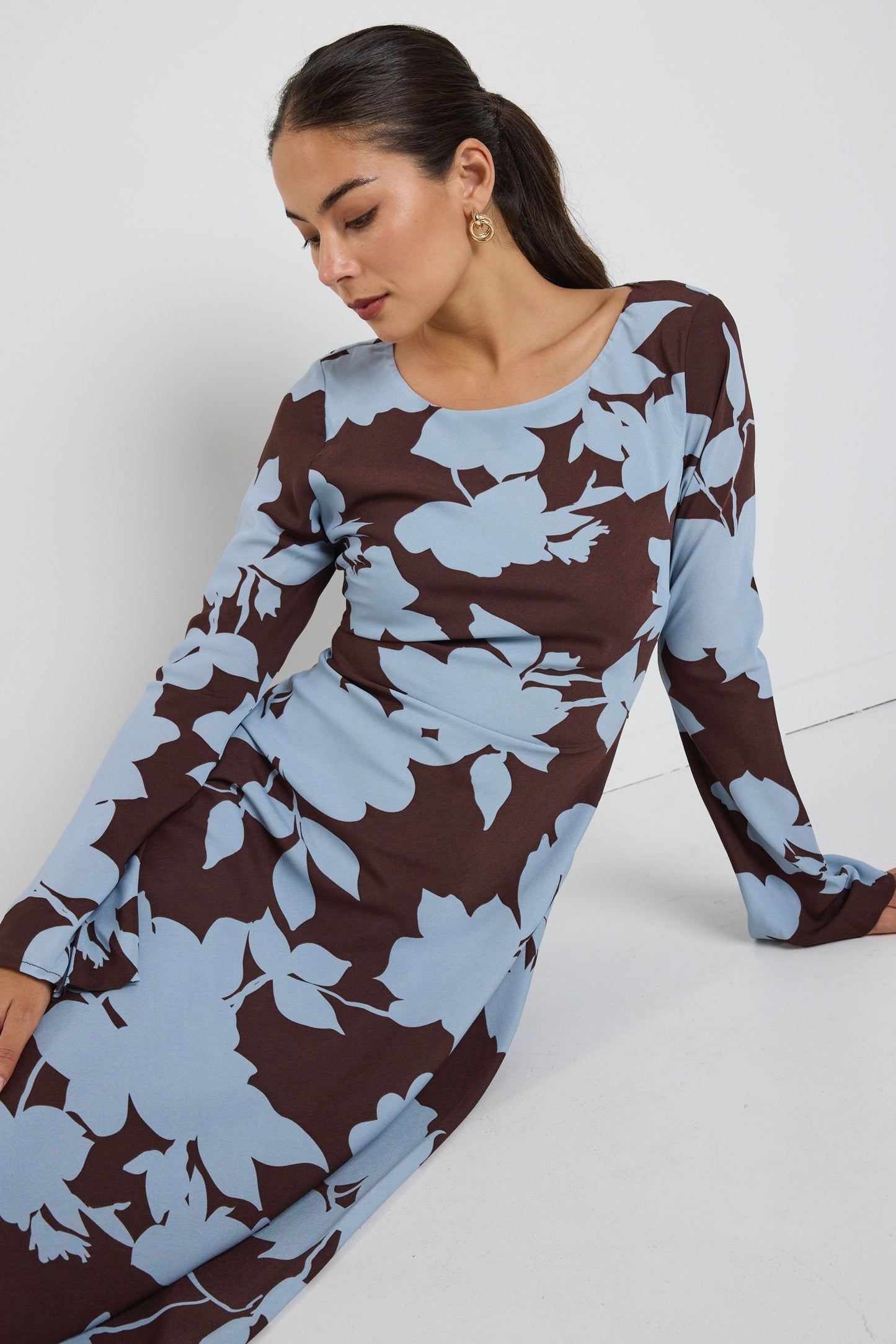 Luminous Brown Blue Floral Fluted Sleeve Bias Maxi Dress