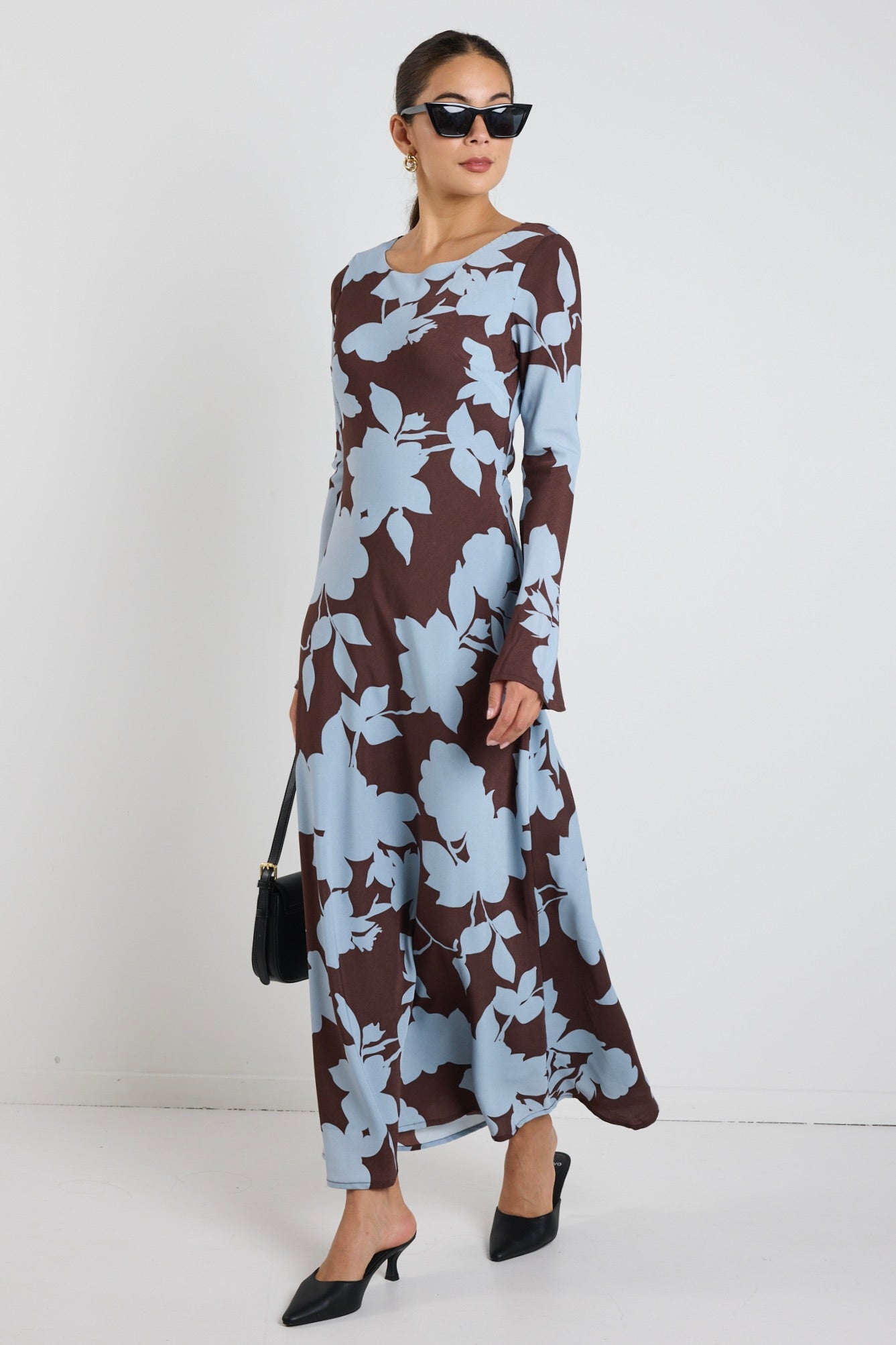 Luminous Brown Blue Floral Fluted Sleeve Bias Maxi Dress