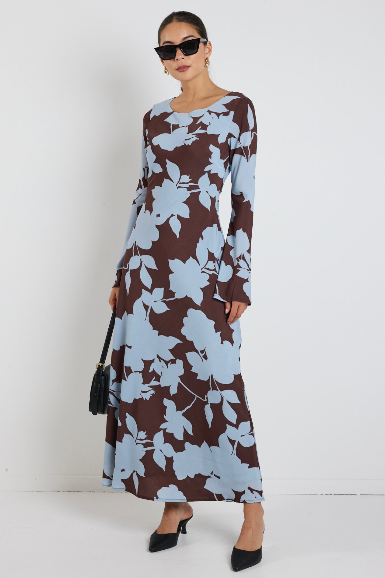 Luminous Brown Blue Floral Fluted Sleeve Bias Maxi Dress