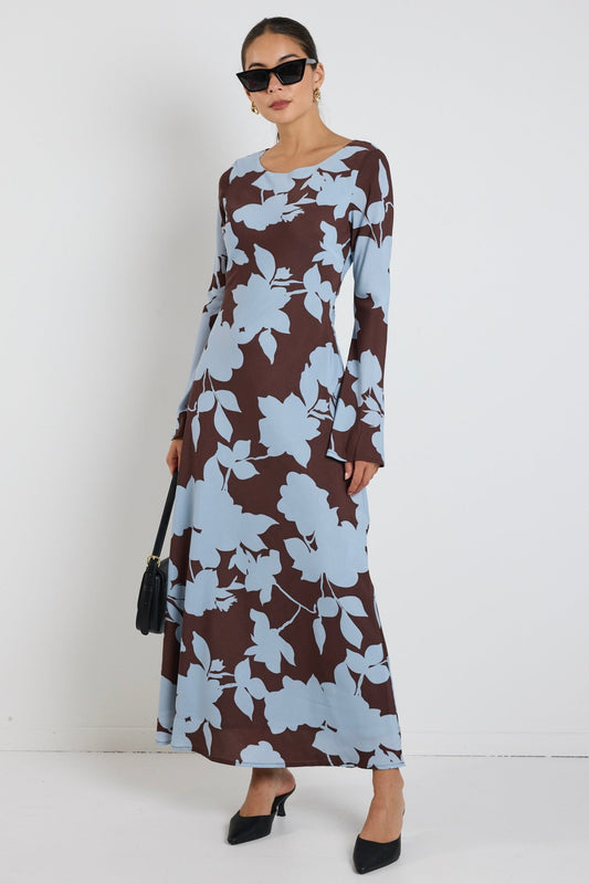 Luminous Brown Blue Floral Fluted Sleeve Bias Maxi Dress