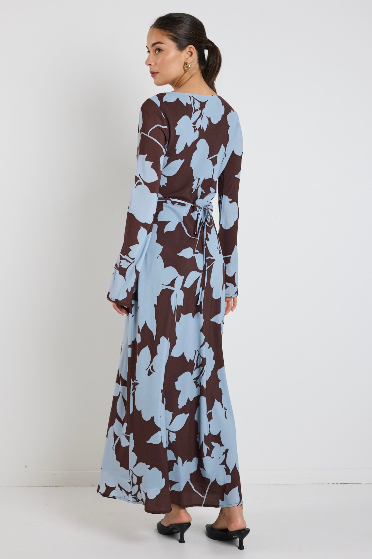 Luminous Brown Blue Floral Fluted Sleeve Bias Maxi Dress