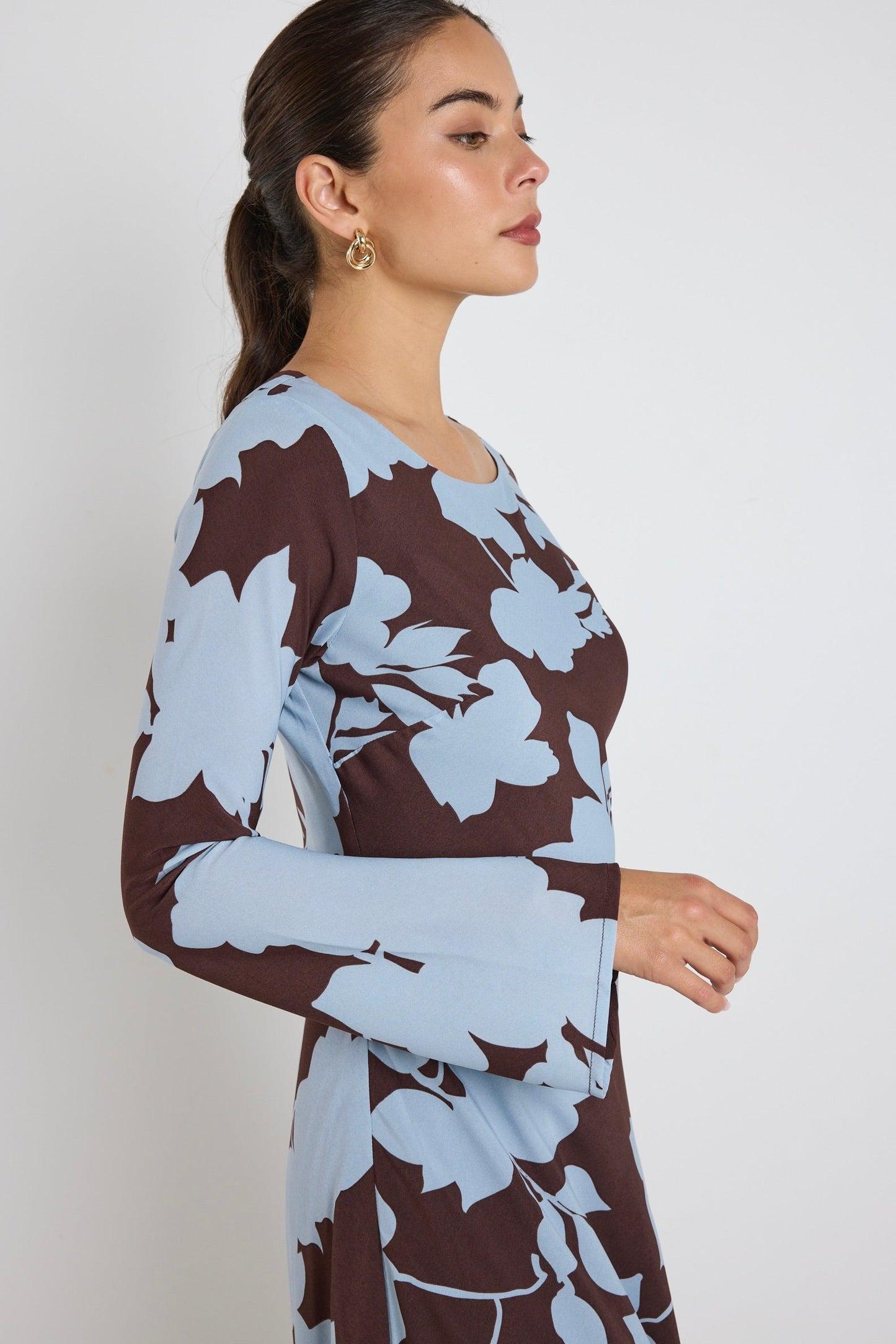 Luminous Brown Blue Floral Fluted Sleeve Bias Maxi Dress