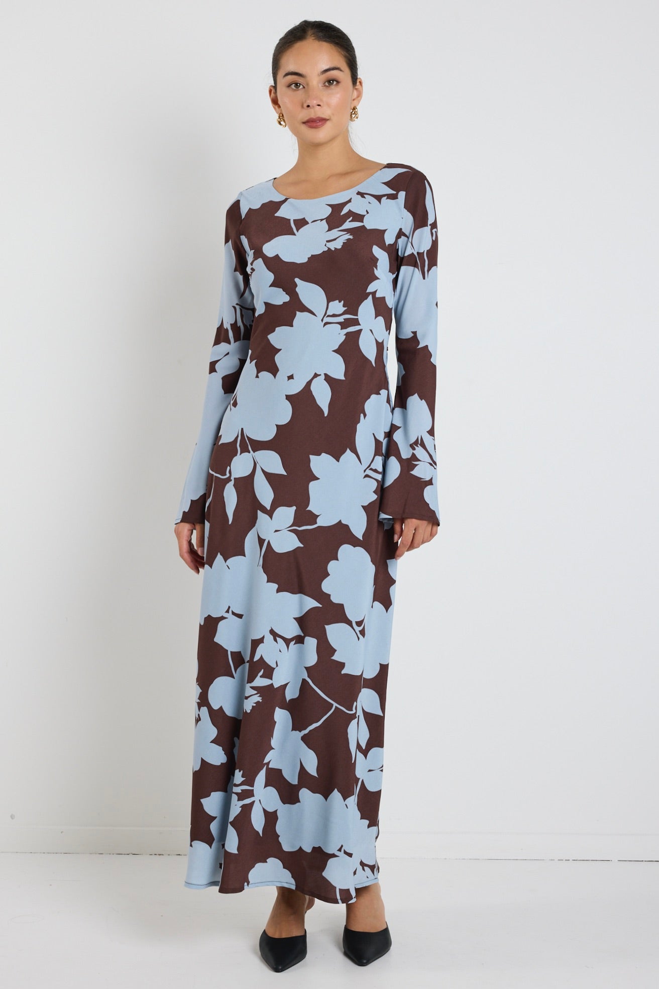 Luminous Brown Blue Floral Fluted Sleeve Bias Maxi Dress