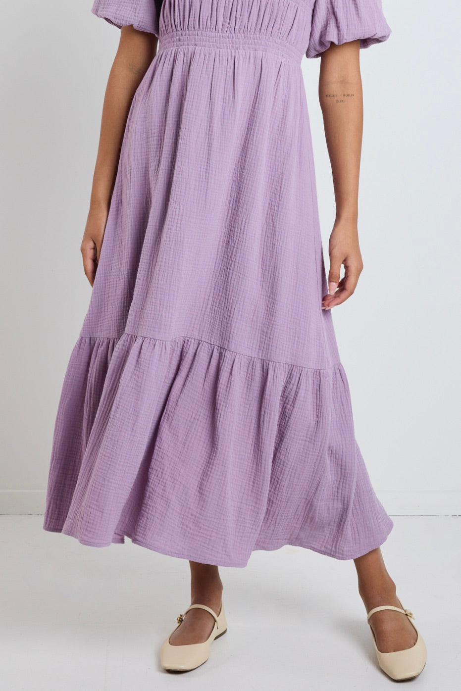 Milano Dusty Lilac Short Sleeve Tiered Maxi Dress