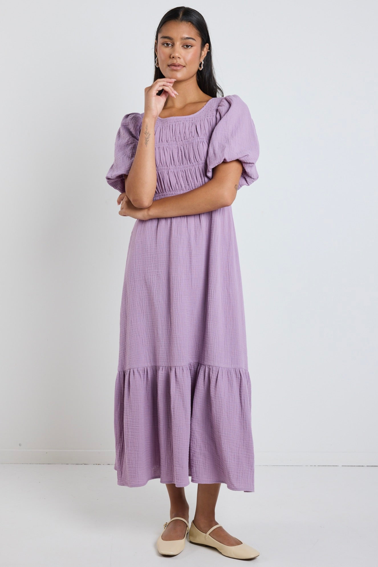 Milano Dusty Lilac Short Sleeve Tiered Maxi Dress