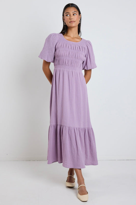 Milano Dusty Lilac Short Sleeve Tiered Maxi Dress