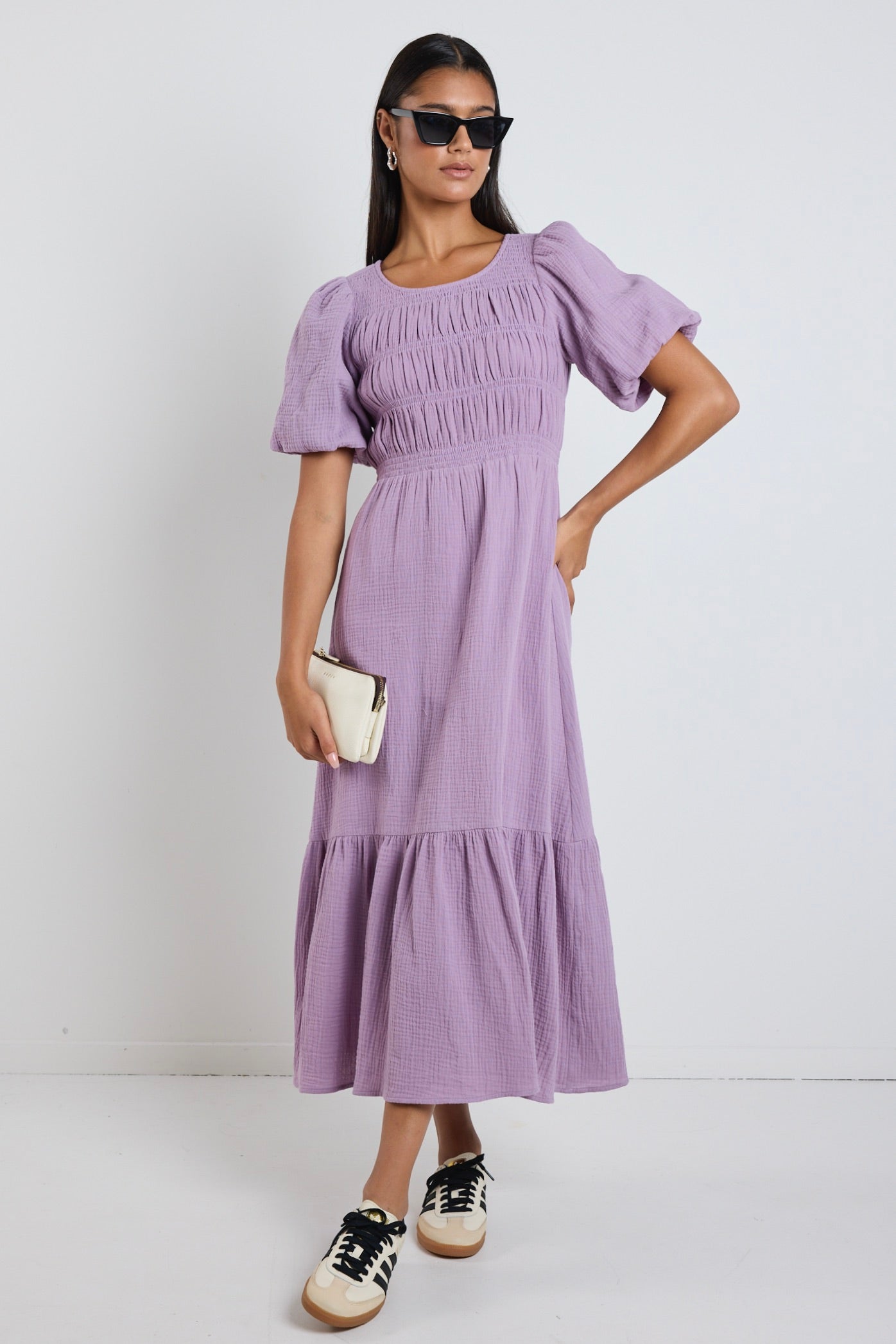 Milano Dusty Lilac Short Sleeve Tiered Maxi Dress