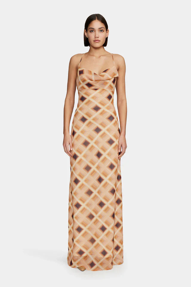 Remy Caramel Check Cowl Neck Strappy Maxi Dress
