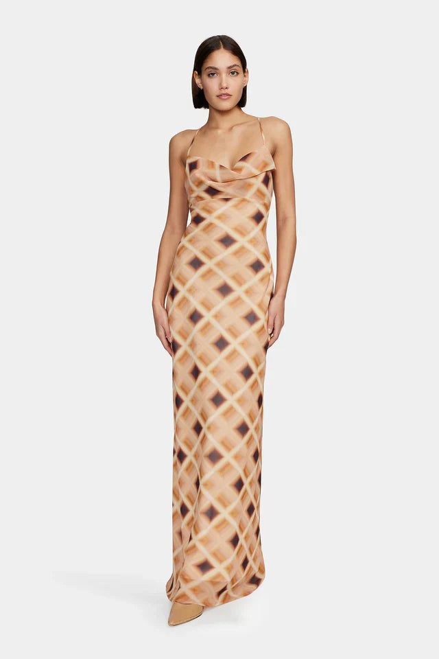 Remy Caramel Check Cowl Neck Strappy Maxi Dress