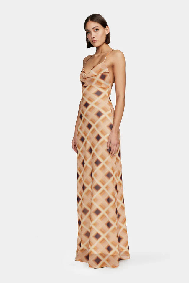 Remy Caramel Check Cowl Neck Strappy Maxi Dress