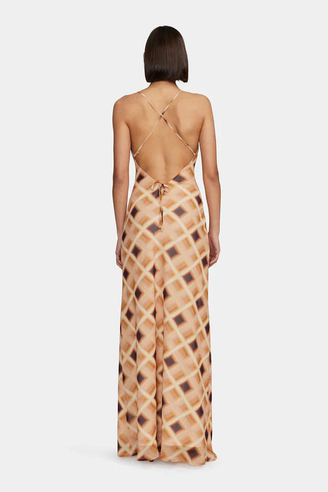 Remy Caramel Check Cowl Neck Strappy Maxi Dress