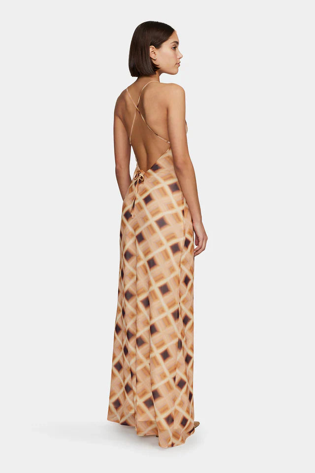Remy Caramel Check Cowl Neck Strappy Maxi Dress