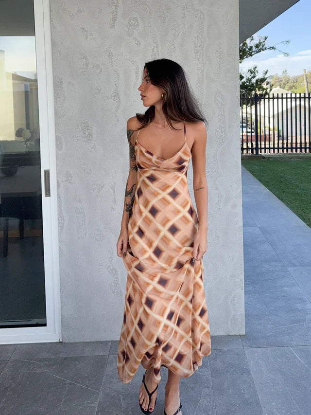 Remy Caramel Check Cowl Neck Strappy Maxi Dress
