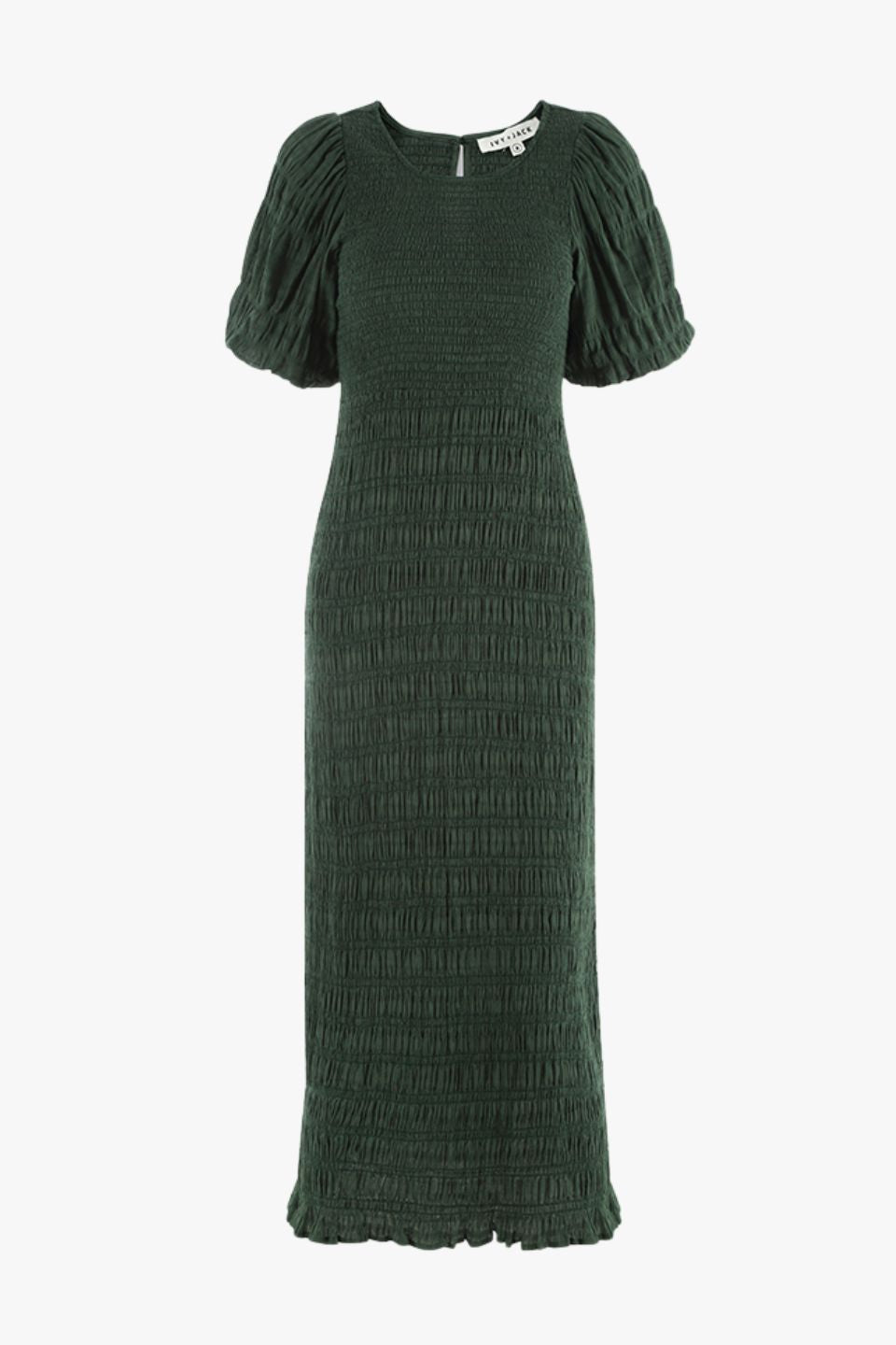 Jade Forest Shirred Cotton Puff Short Sleeve Ruched Maxi Dress