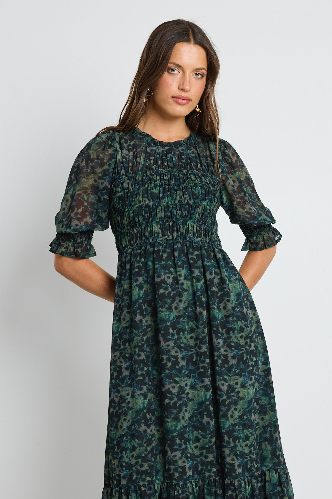 Showcase Khaki Ditsy Print Georgette Puff Sleeve Tiered Maxi Dress