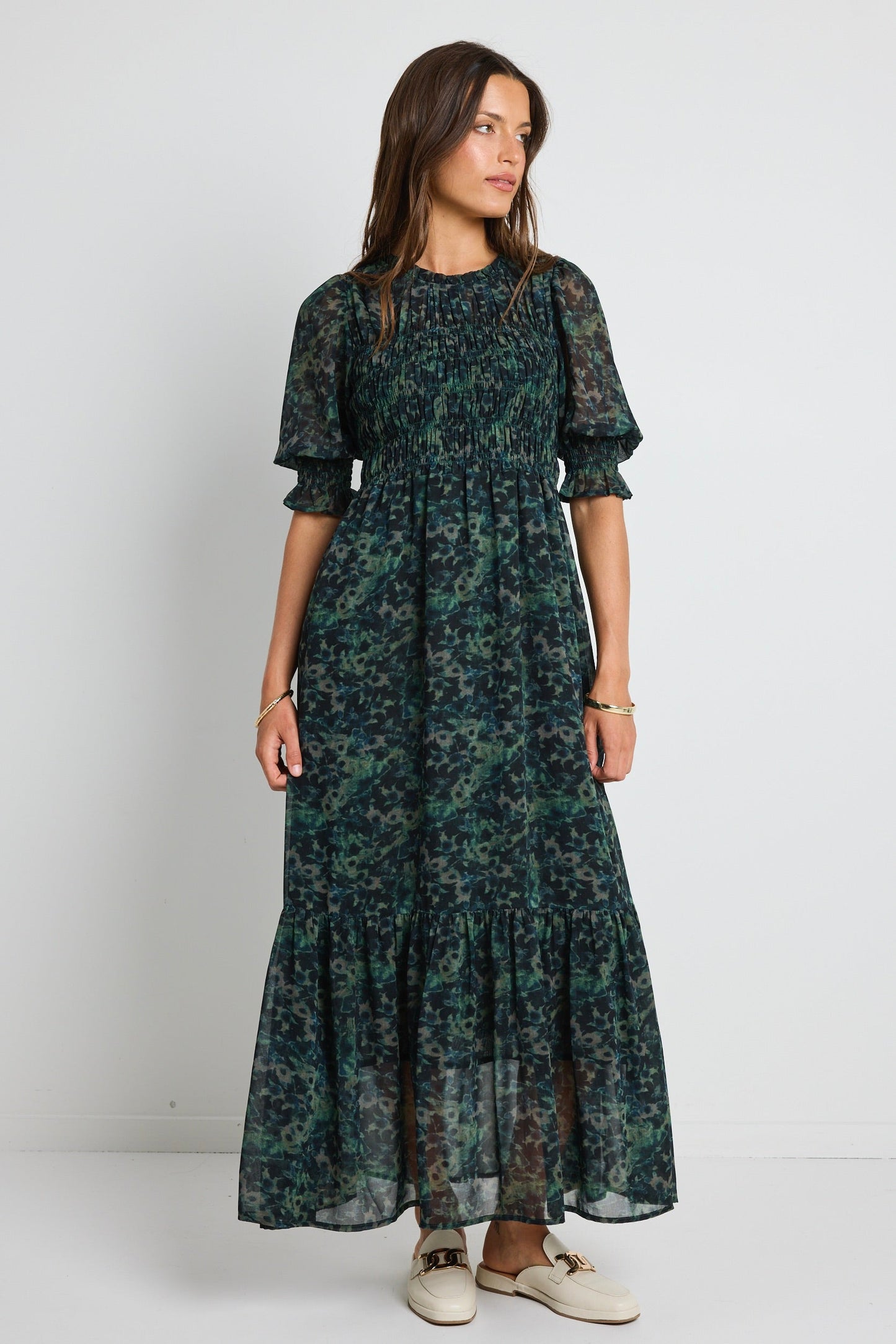 Showcase Khaki Ditsy Print Georgette Puff Sleeve Tiered Maxi Dress