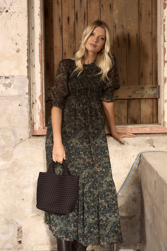 Showcase Khaki Ditsy Print Georgette Puff Sleeve Tiered Maxi Dress