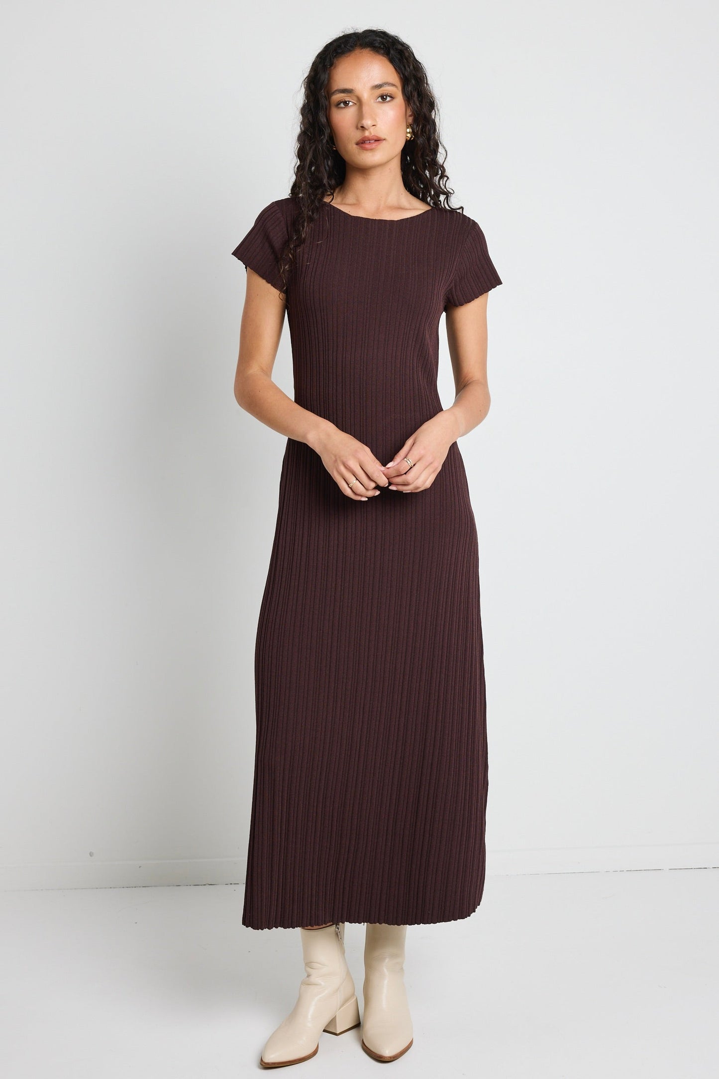 Smoulder Chocolate Boat Neck Rib Knit Maxi Dress