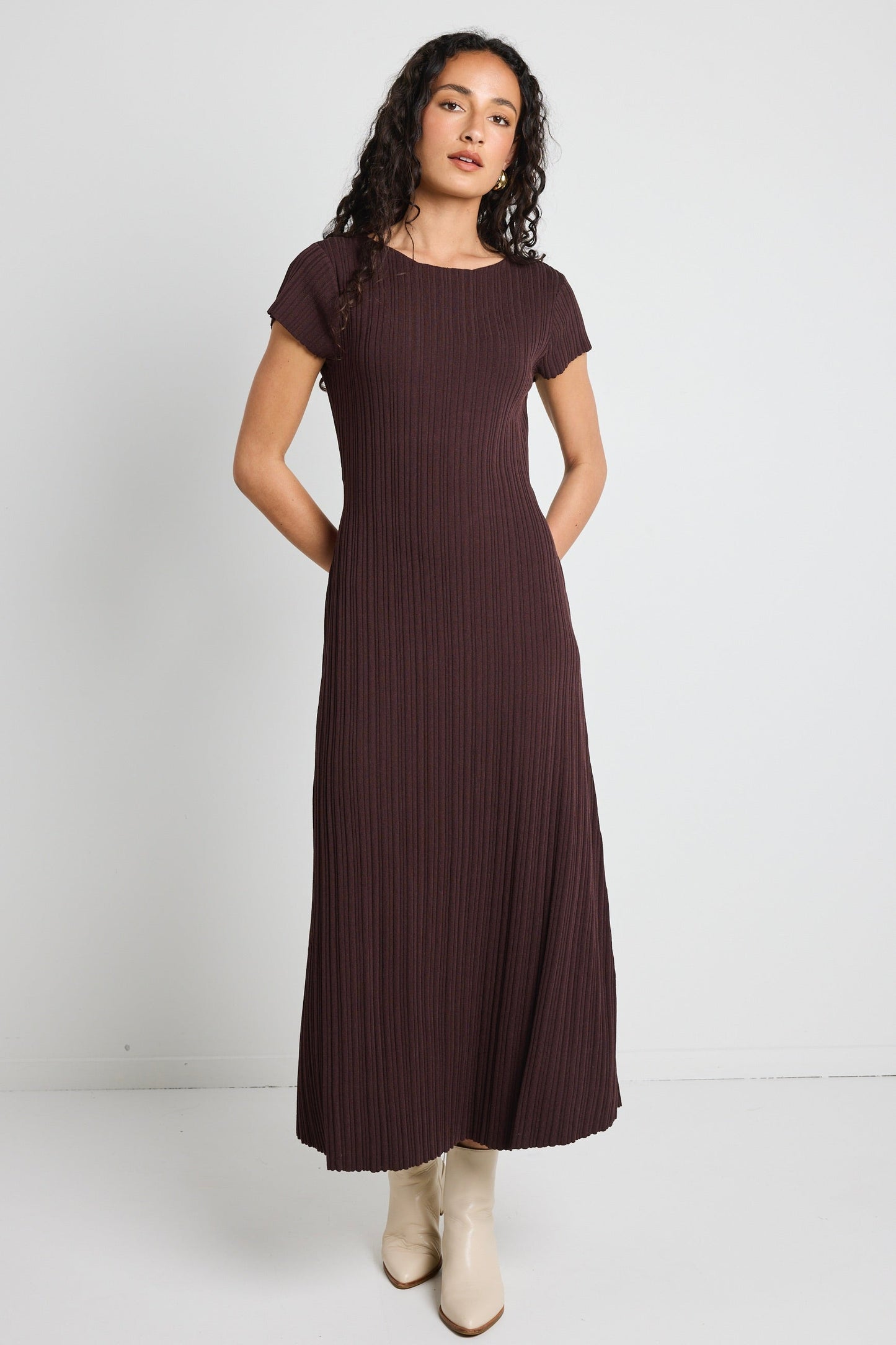 Smoulder Chocolate Boat Neck Rib Knit Maxi Dress