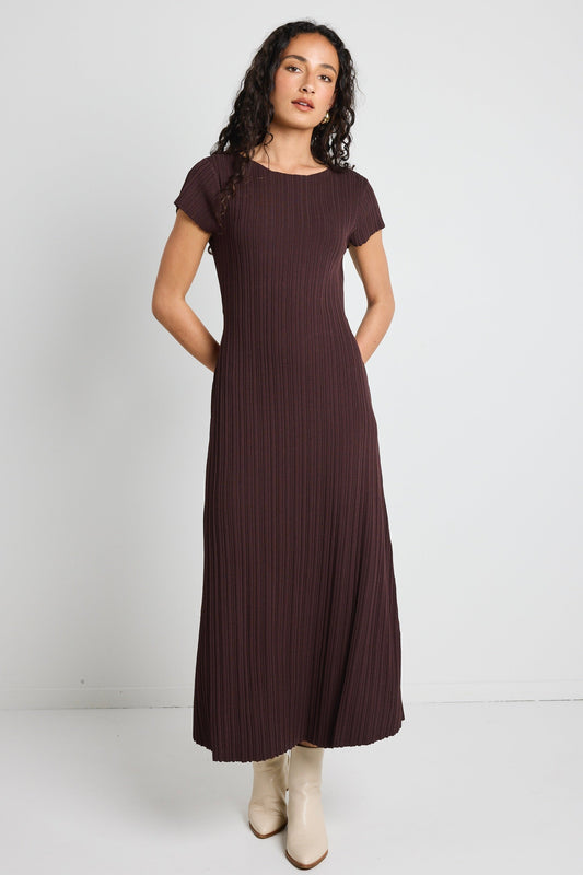 Smoulder Chocolate Boat Neck Rib Knit Maxi Dress