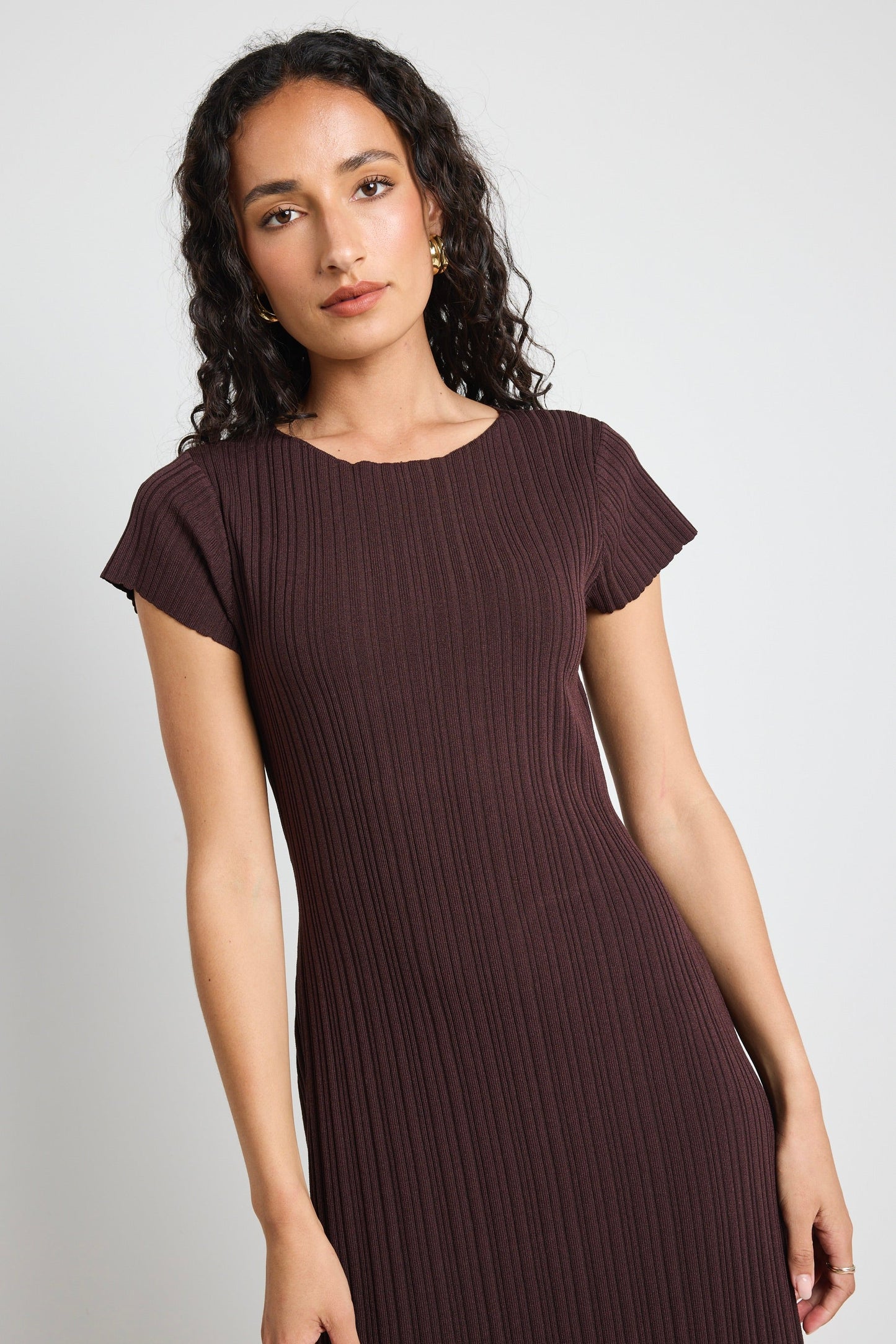 Smoulder Chocolate Boat Neck Rib Knit Maxi Dress