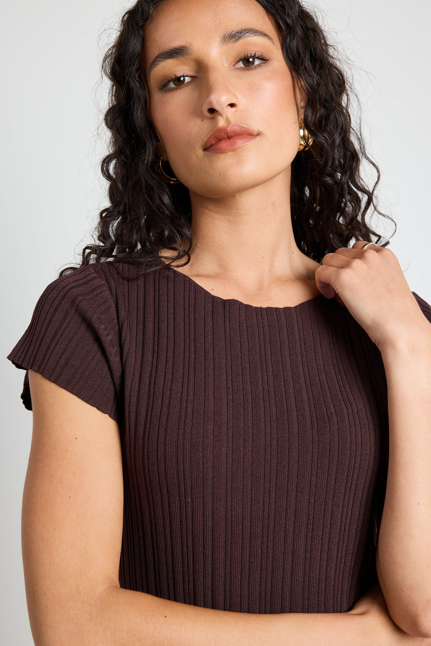 Smoulder Chocolate Boat Neck Rib Knit Maxi Dress