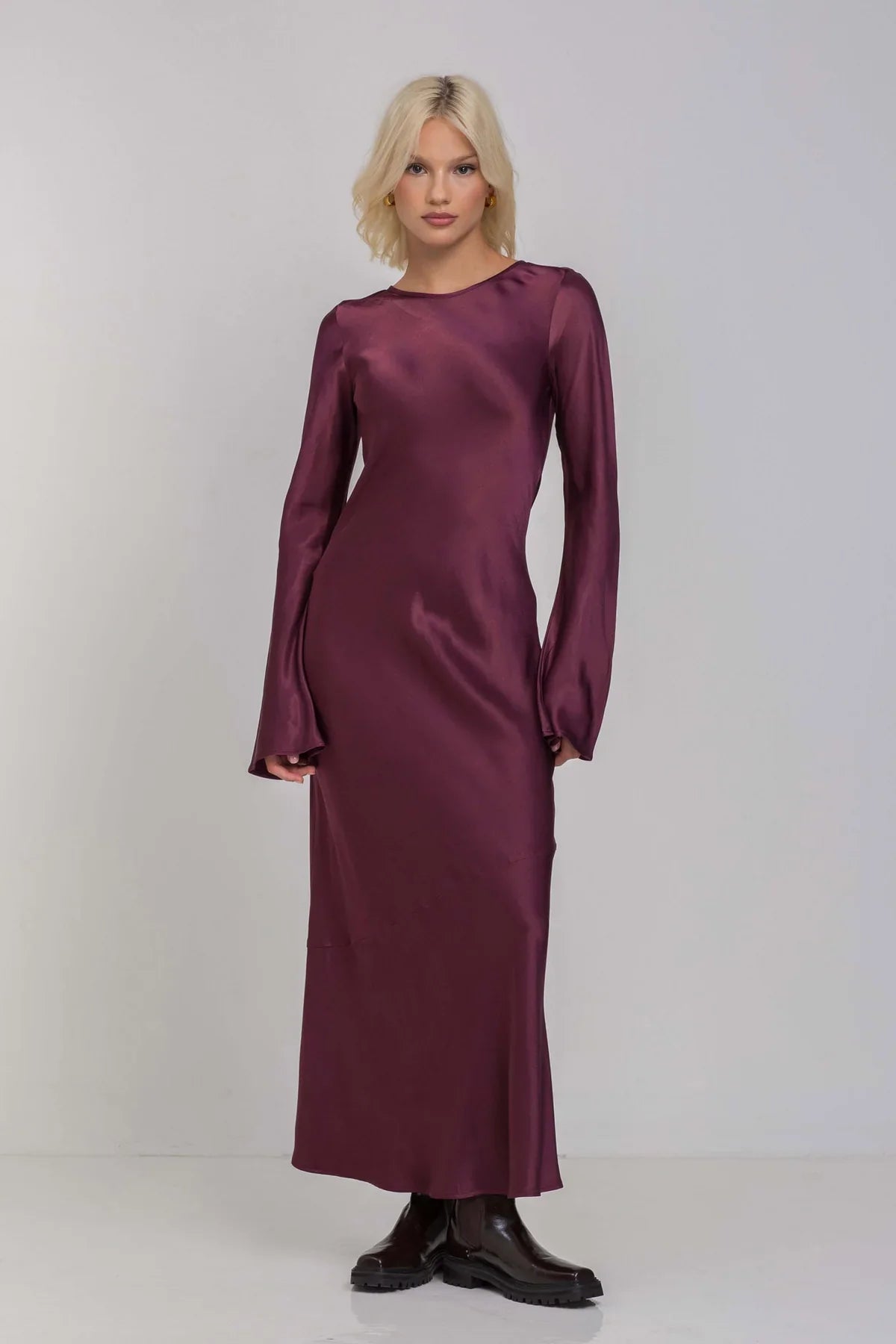 Sprinkle Of Magic Plushy Purple LS Satin Maxi Dress