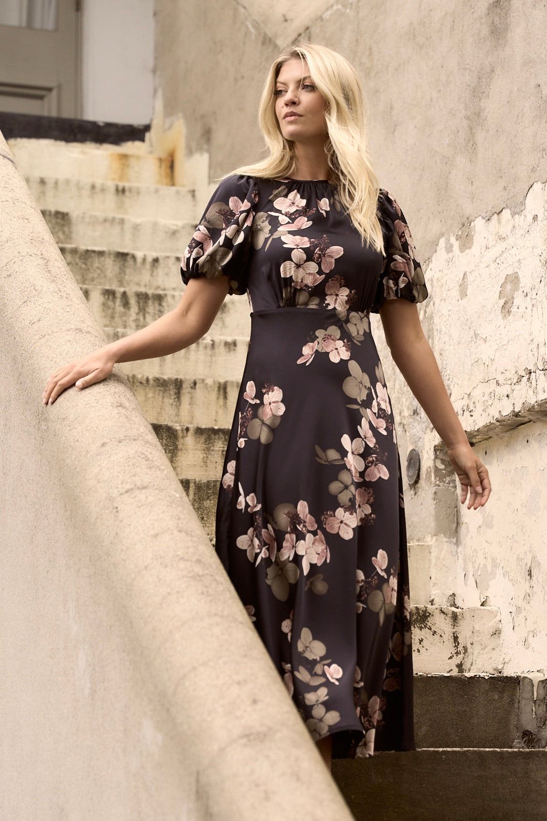 Stage Black Floral Satin Puff Sleeve Floaty Maxi Dress