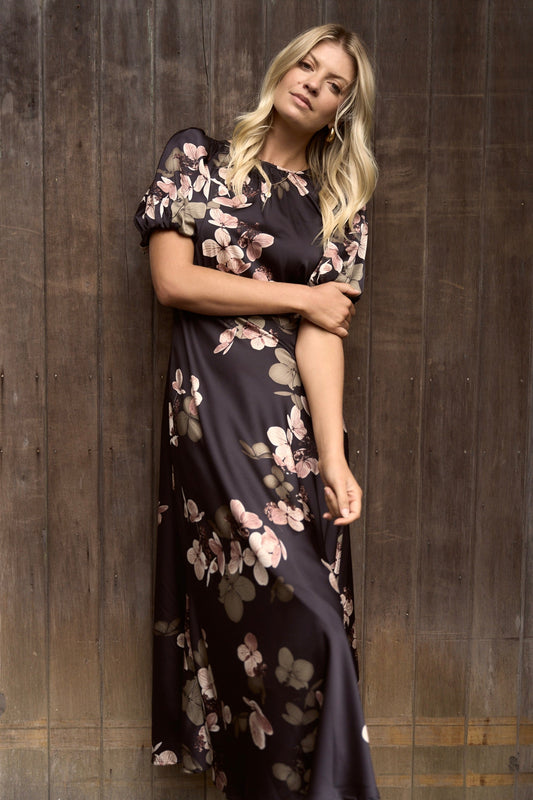 Stage Black Floral Satin Puff Sleeve Floaty Maxi Dress
