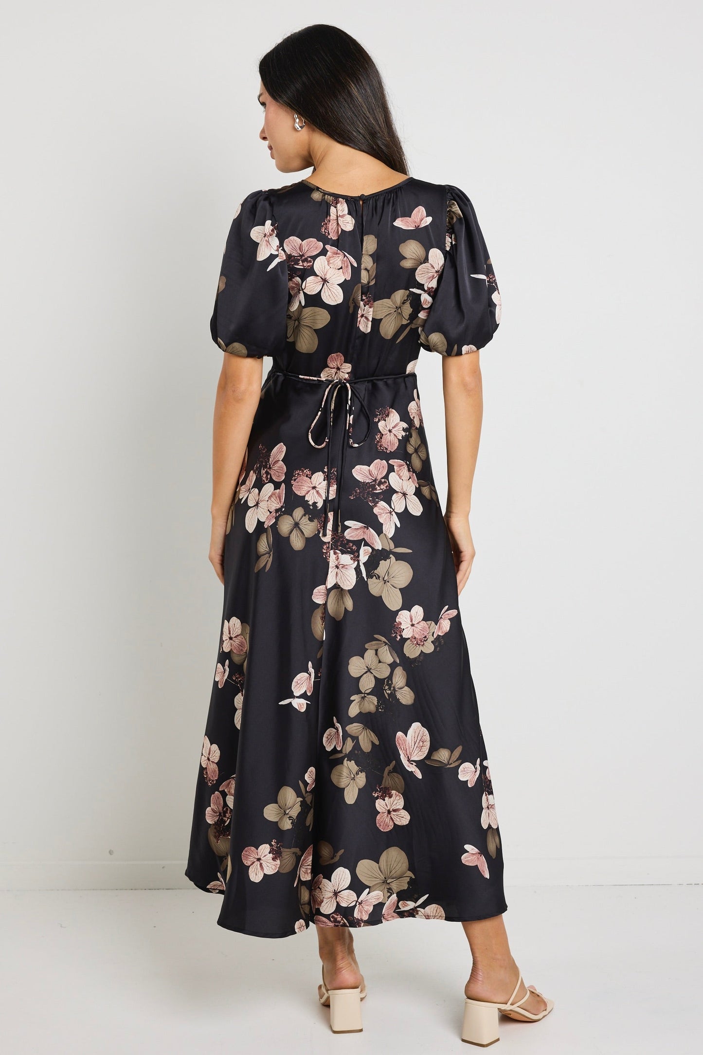 Stage Black Floral Satin Puff Sleeve Floaty Maxi Dress