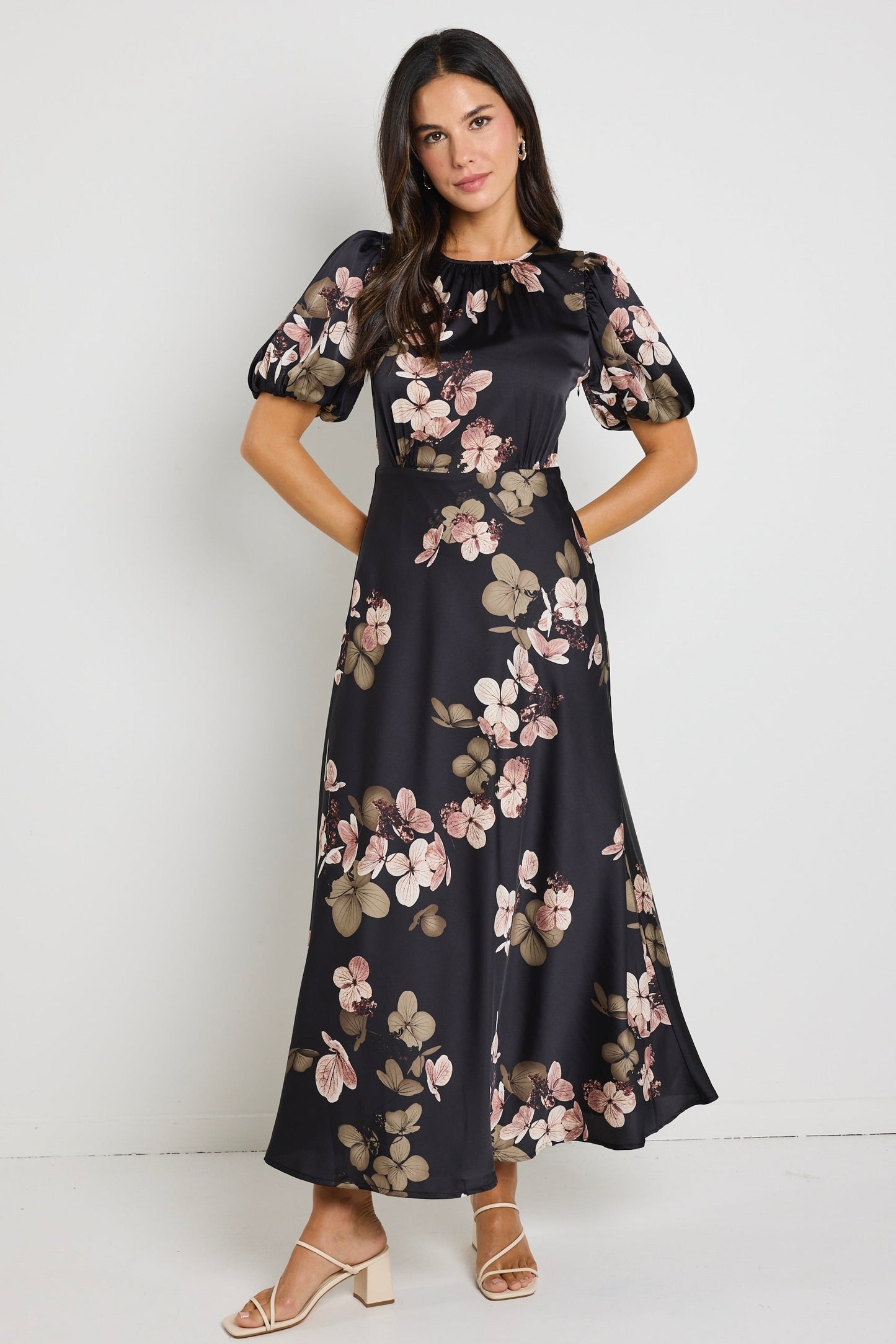 Stage Black Floral Satin Puff Sleeve Floaty Maxi Dress