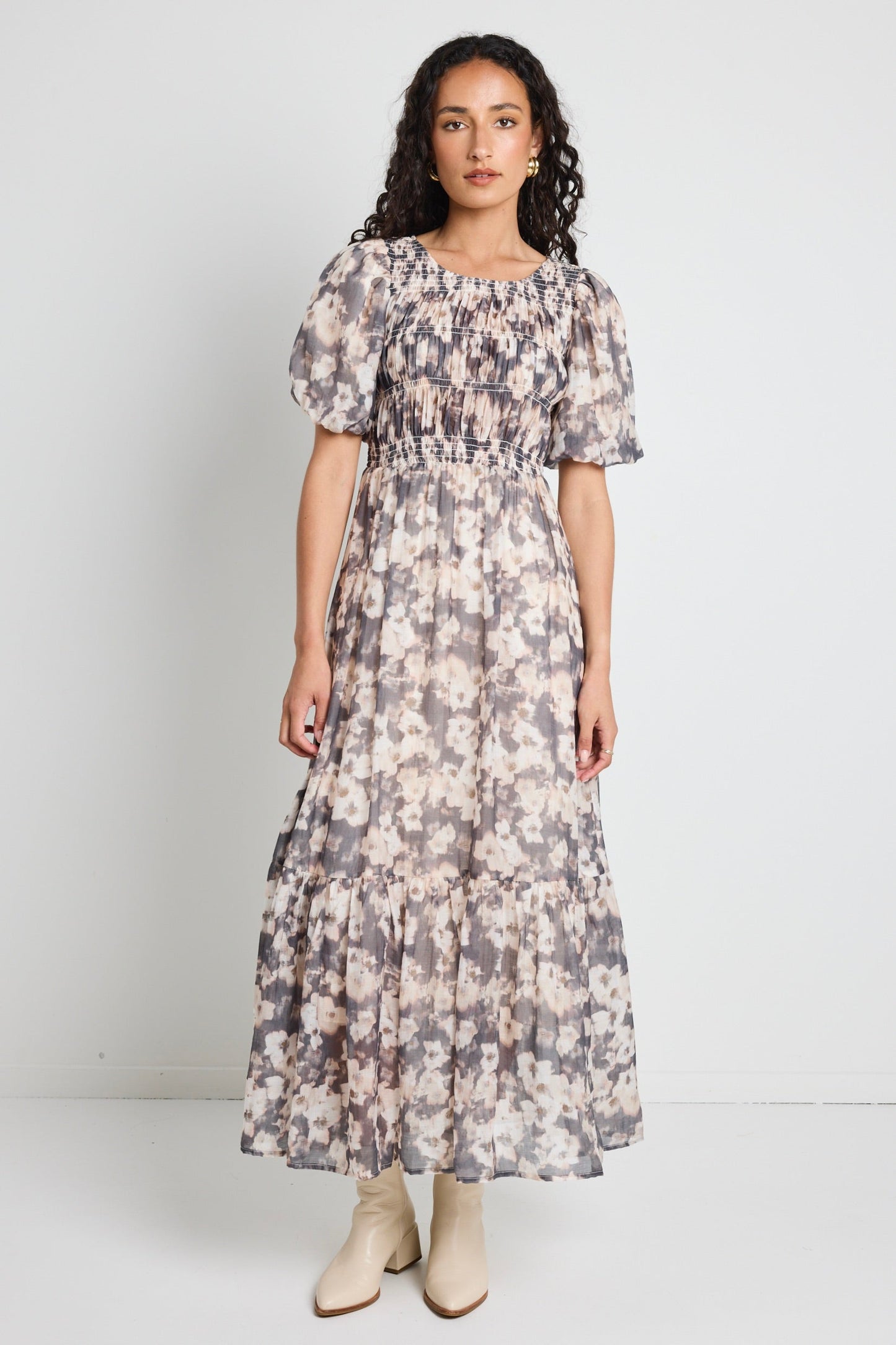 Vacancy Chocolate Floral Puff Sleeve Shirred Maxi Dress